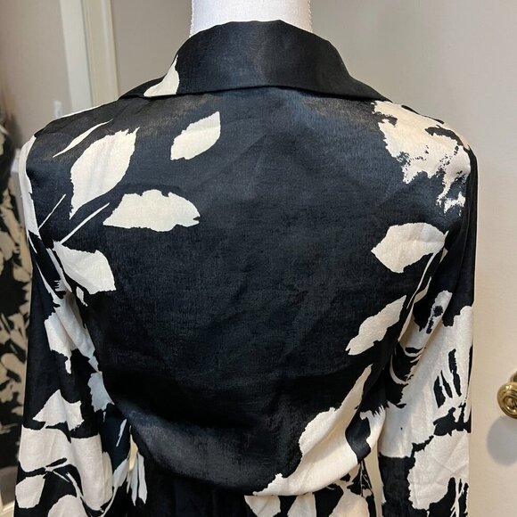 Zara Black & Off White Satin Effect Wrap Floral Print Midi Dress, Size XS - Picture 10 of 16